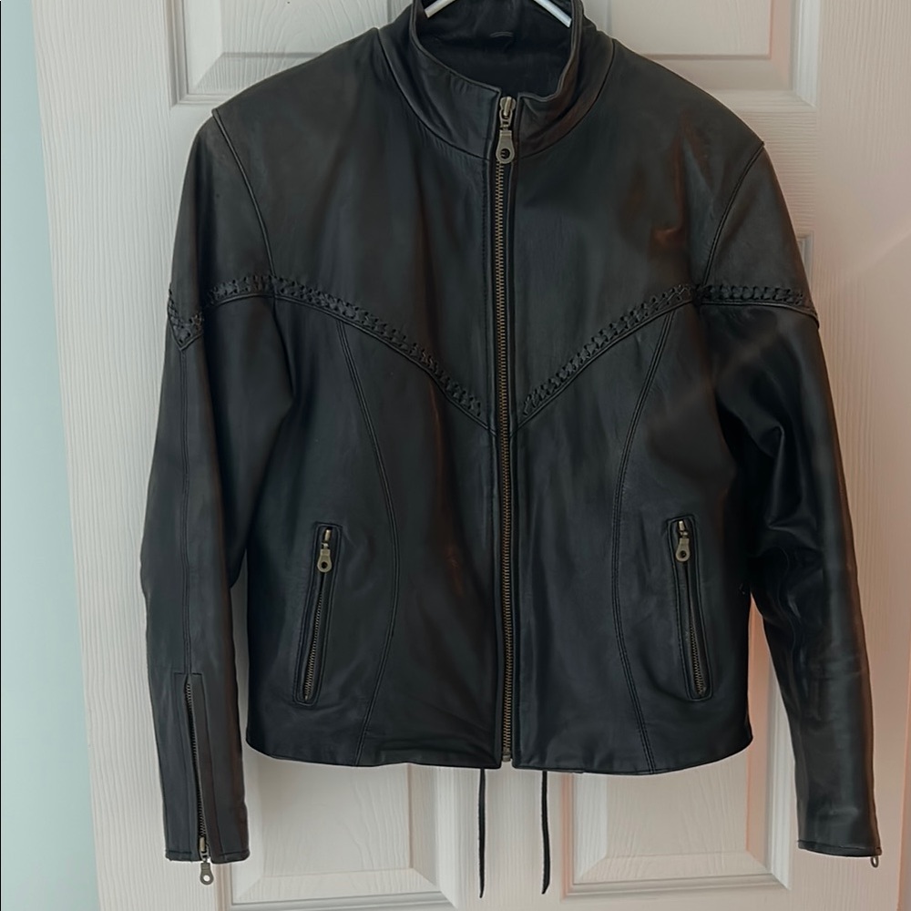 Texport Women's Black Leather Motorcycle Jacket with zip out lining